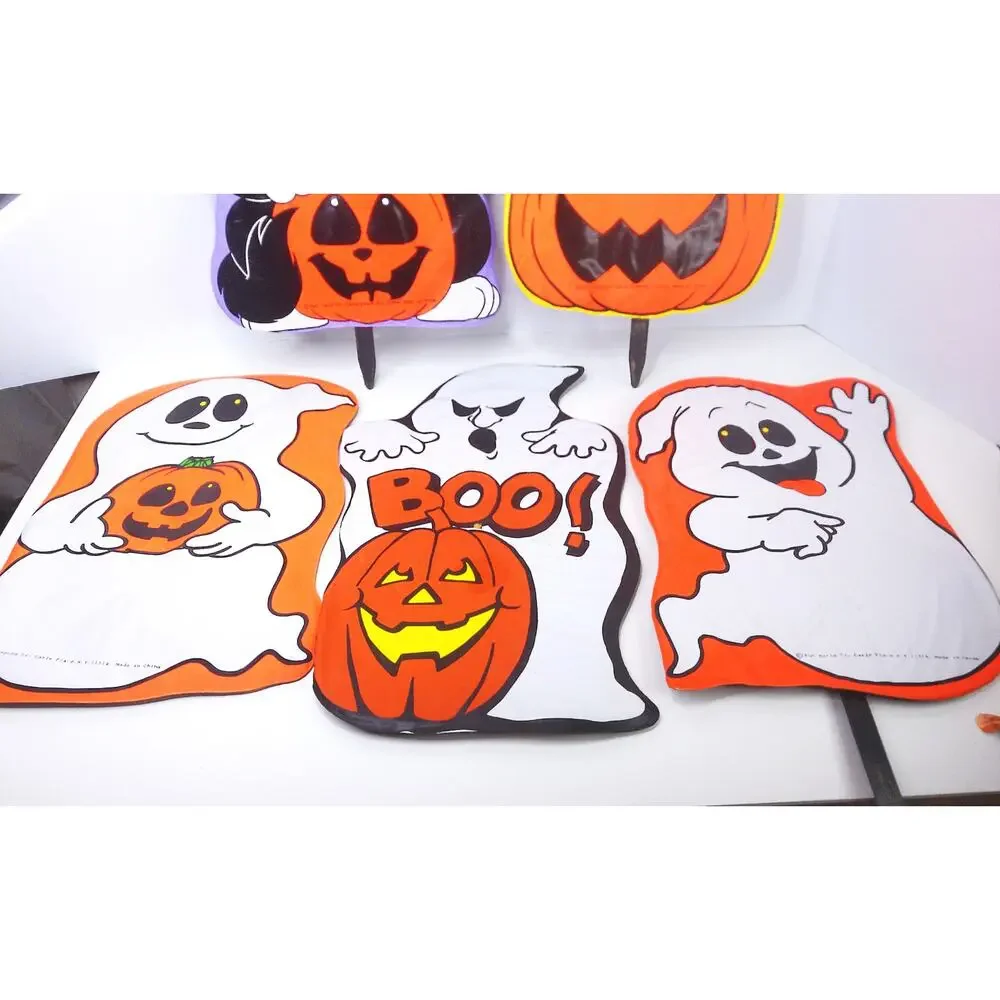 Vtg Fun World Yard Scenes 90s Halloween Vinyl Tombstone Ghost Pumpkin Cat Set 5